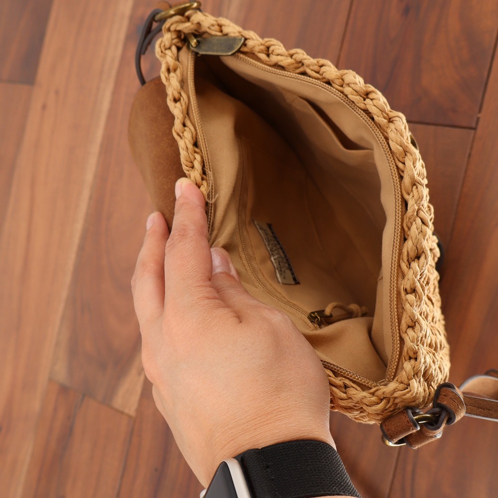 Sun N Sand Tan Woven Straw Crossbody Bag Brown Faux Suede Flap Half Moon Purse - Picture 4 of 5